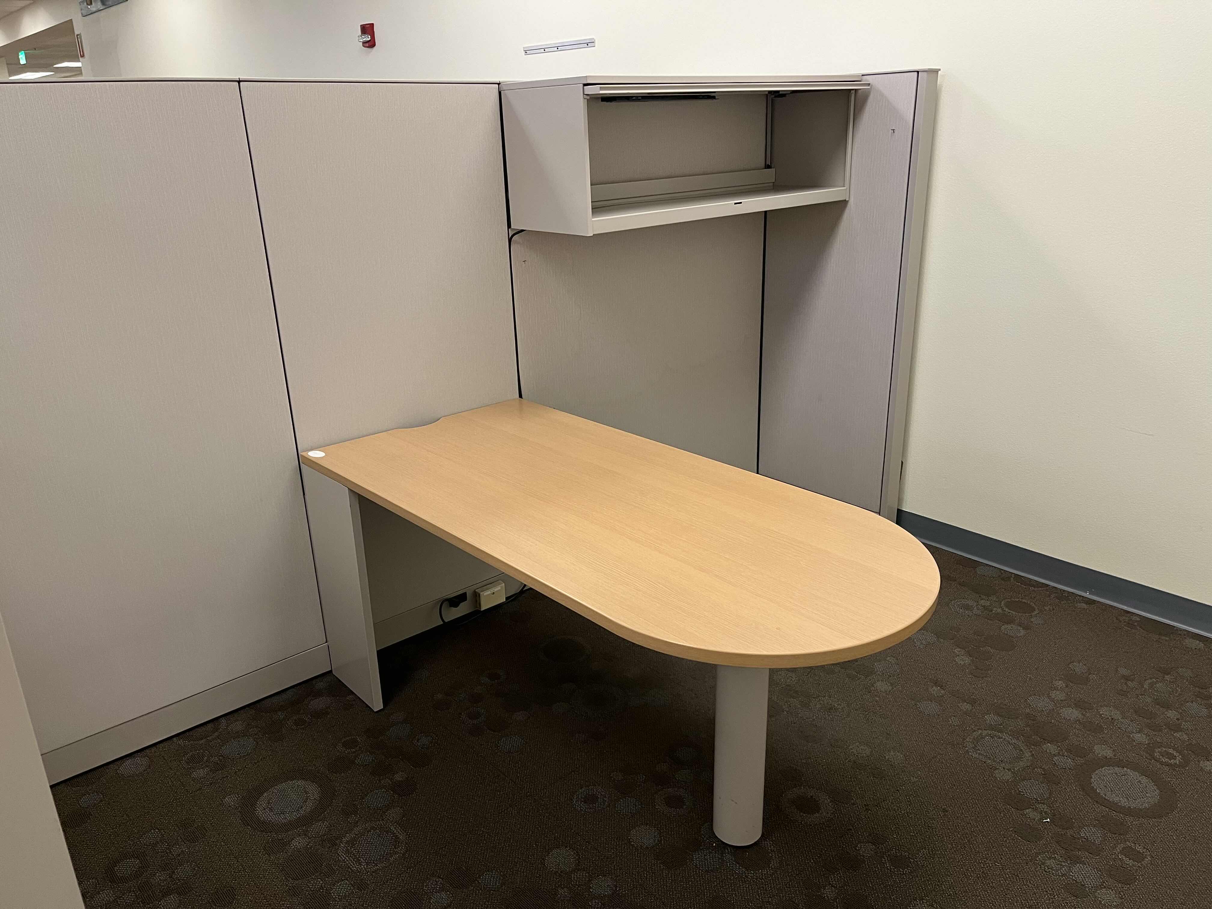 Photo 1 of CUBICLE DUAL OFFICE SET UP W 2 TABLES & 2 WALL CABINETS (OVERALL DIMENSIONS 138” X 122” H66.5”) READ NOTES