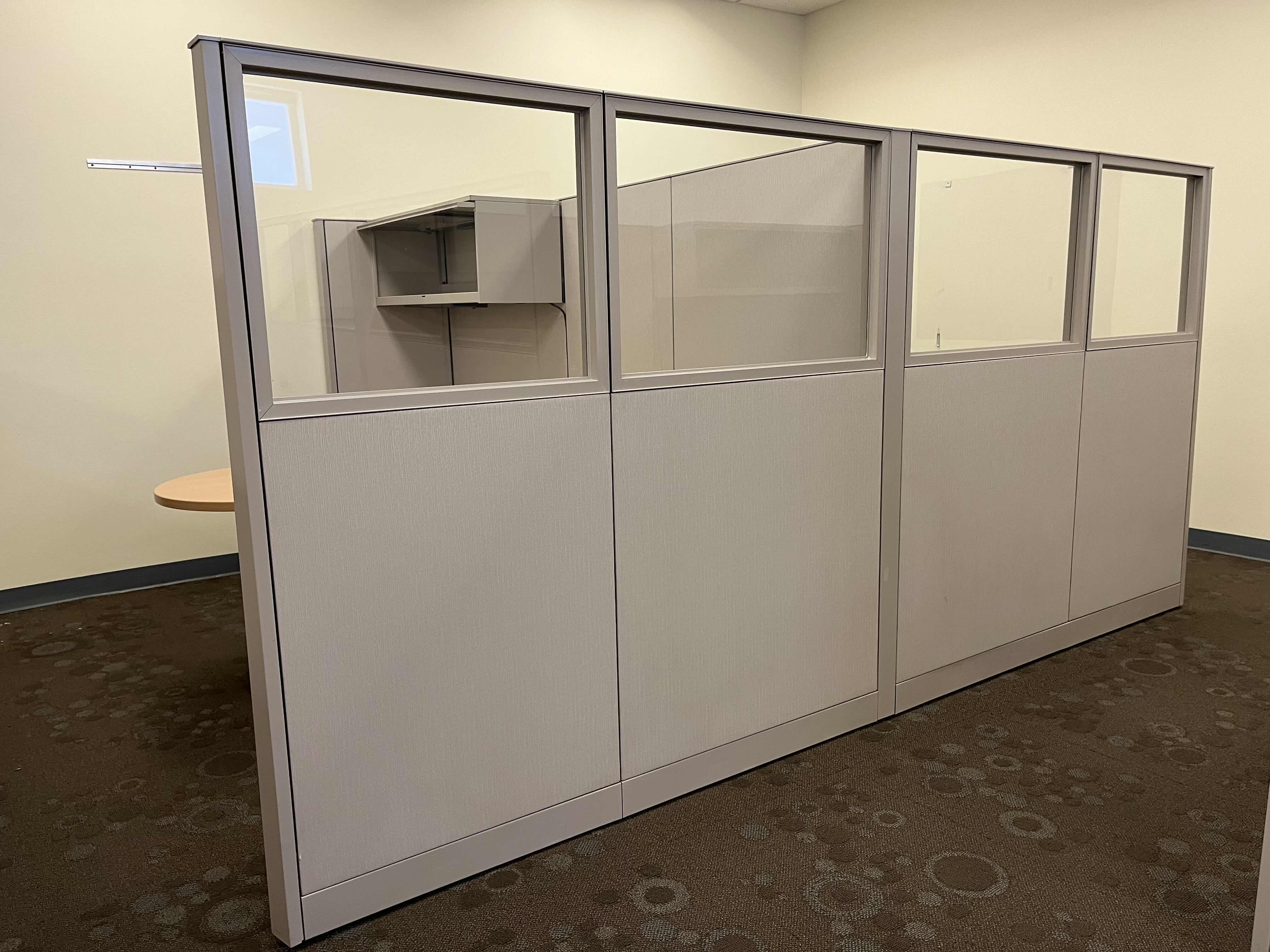 Photo 1 of CUBICLE DUAL OFFICE SET UP W 2 TABLES & 2 WALL CABINETS (OVERALL DIMENSIONS 138” X 122” H66.5”) READ NOTES