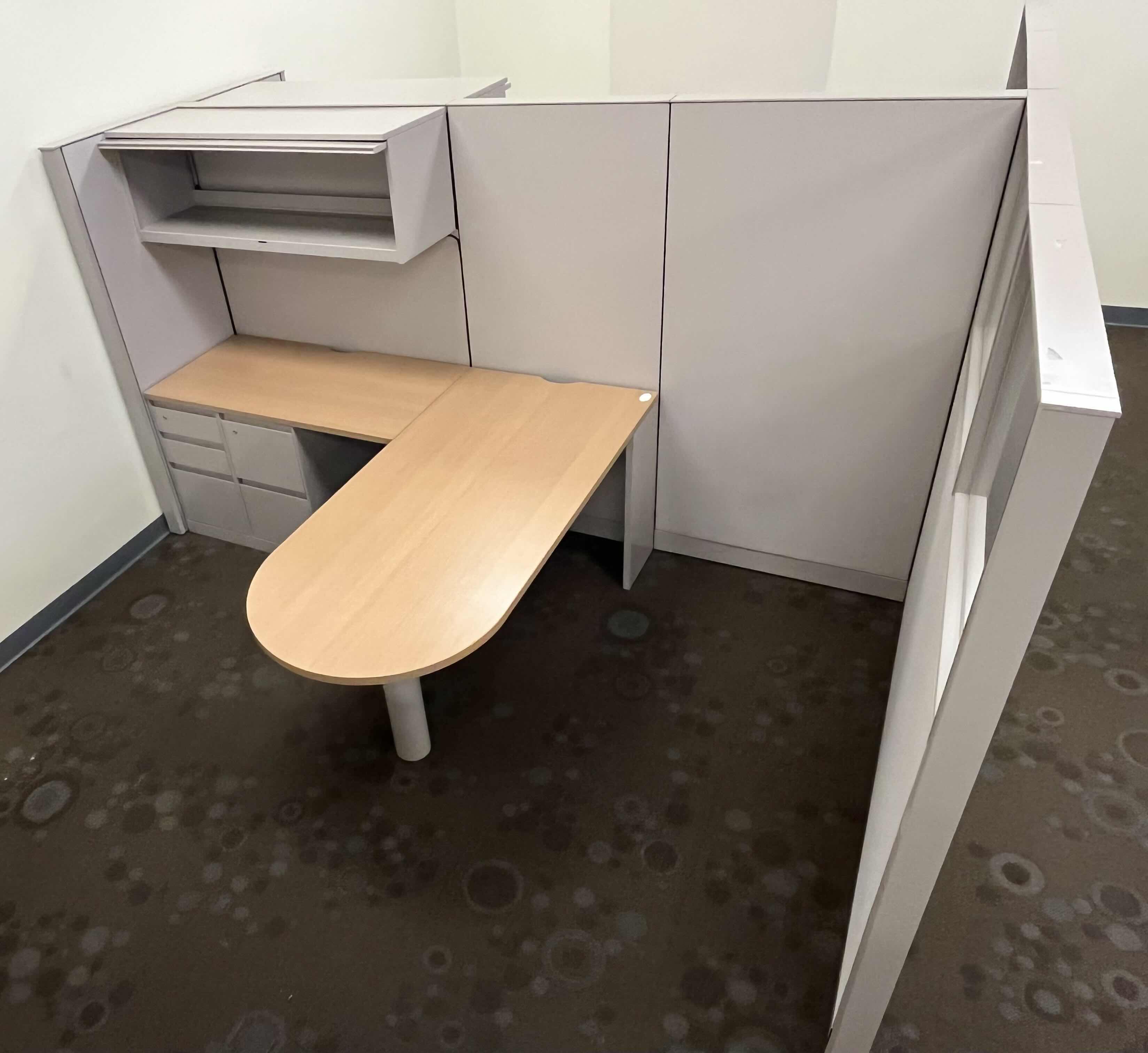 Photo 1 of CUBICLE DUAL OFFICE SET UP W 2 TABLES & 2 WALL CABINETS (OVERALL DIMENSIONS 138” X 122” H66.5”) READ NOTES