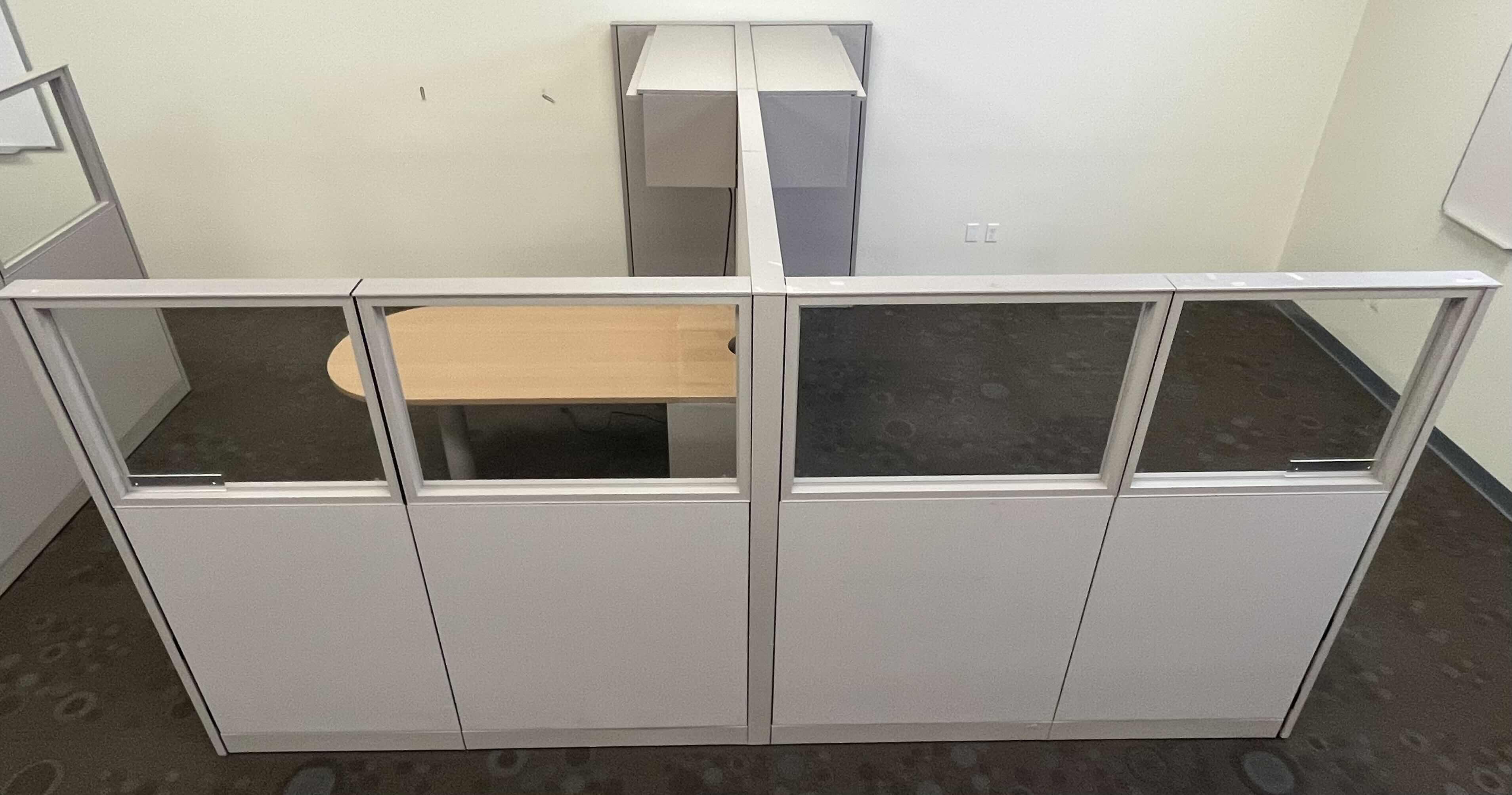 Photo 1 of CUBICLE DUAL OFFICE SET UP W 1 TABLE & 2 WALL CABINETS (OVERALL DIMENSIONS 138” X 122” H66.5”) READ NOTES