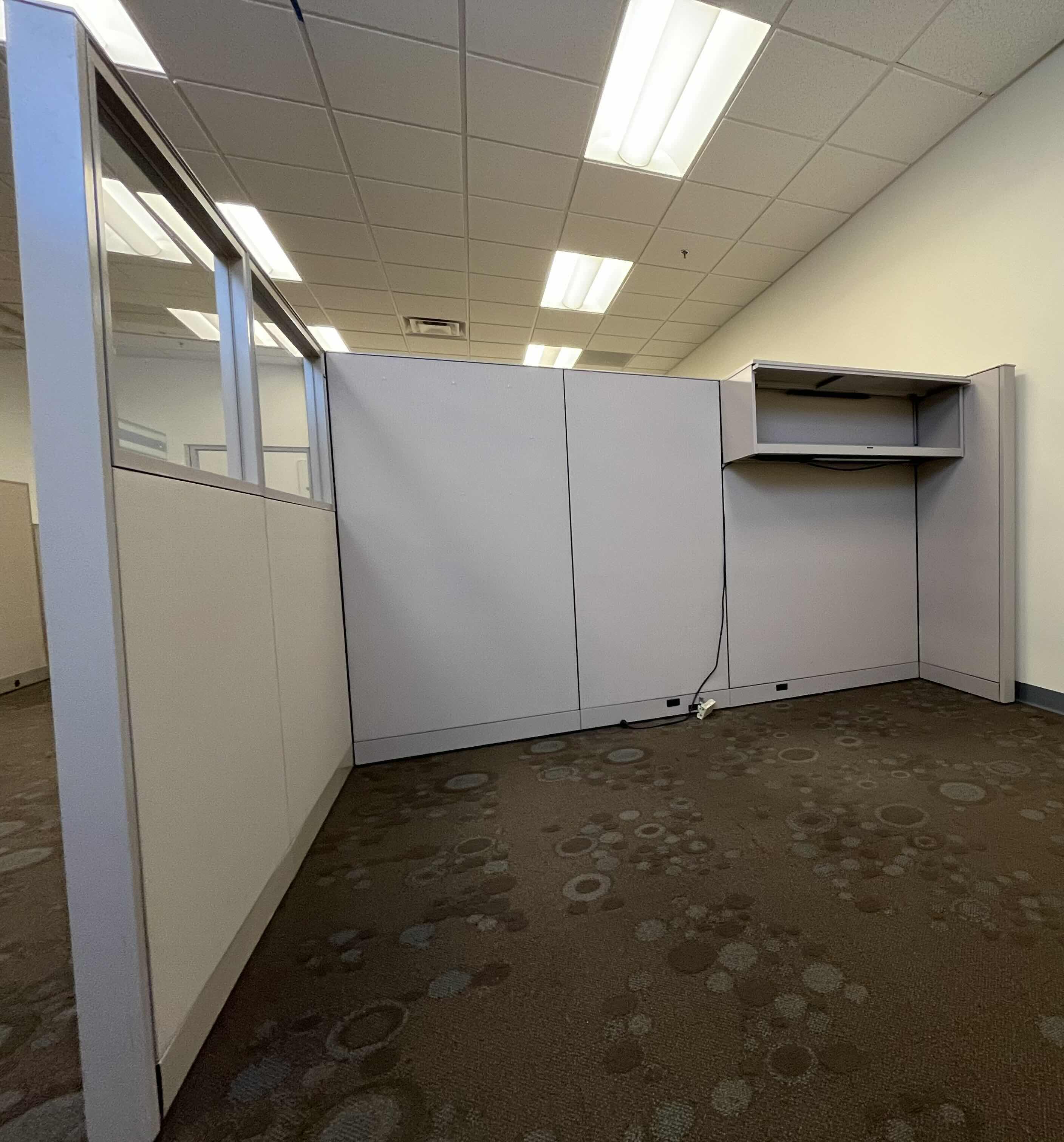 Photo 1 of CUBICLE DUAL OFFICE SET UP W 1 TABLE & 2 WALL CABINETS (OVERALL DIMENSIONS 138” X 122” H66.5”) READ NOTES