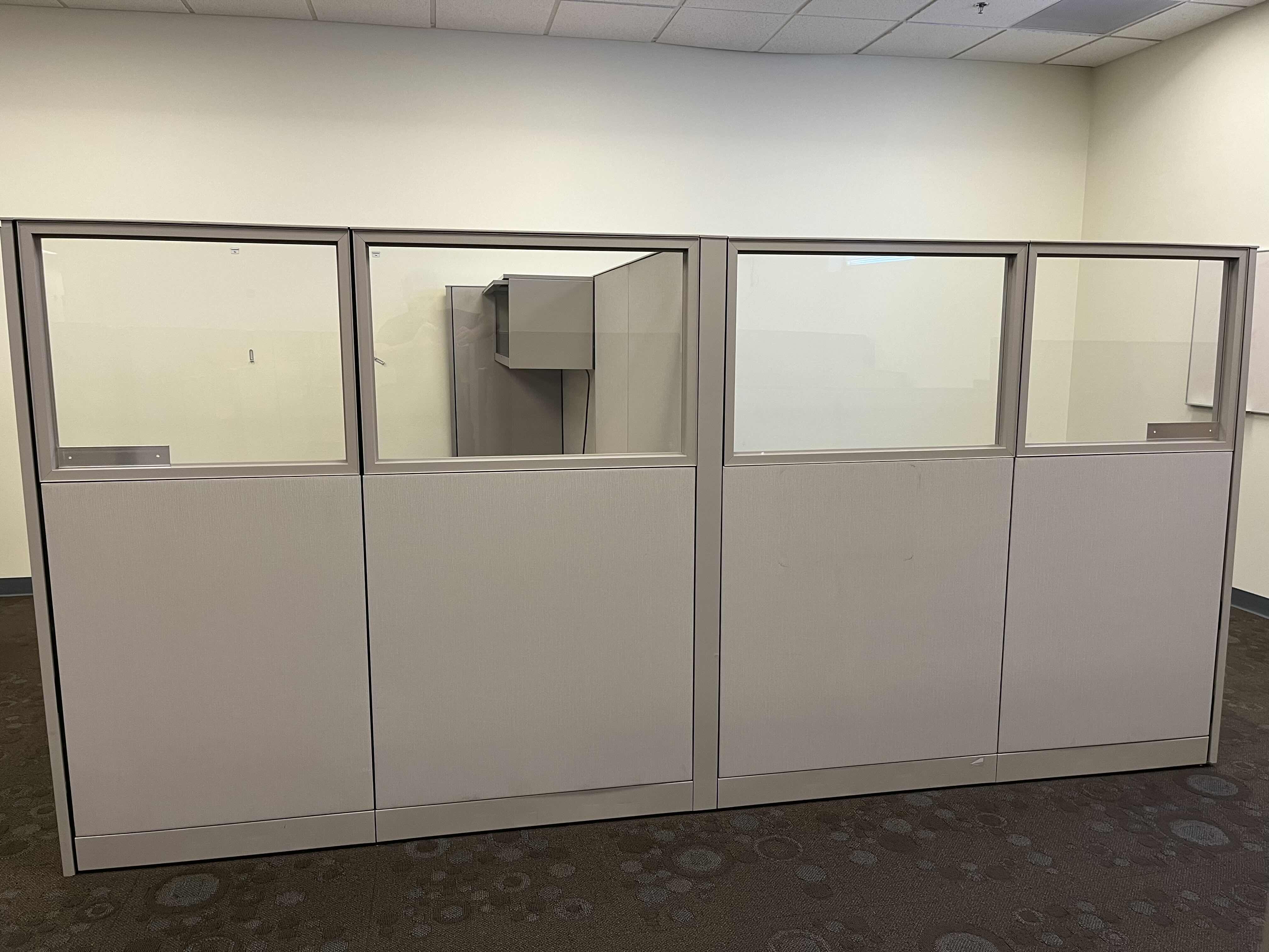 Photo 1 of CUBICLE DUAL OFFICE SET UP W 1 TABLE & 2 WALL CABINETS (OVERALL DIMENSIONS 138” X 122” H66.5”) READ NOTES