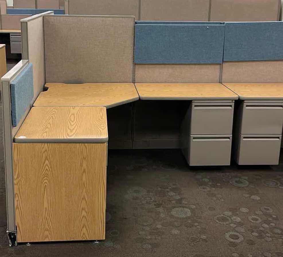 Photo 1 of HAWORTH BUILT IN CUBICLE L SHAPE OFFICE DESKS (4) W CUBICLE PANELS 
(OVERALL DIMENSIONS 151” X 135” H56”) READ NOTES