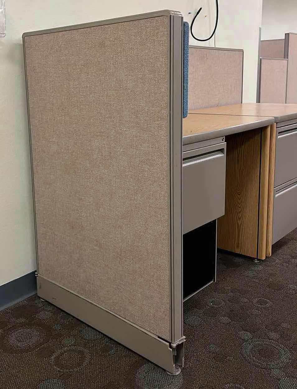 View 3 of HAWORTH BUILT IN CUBICLE OFFICE DESKS (2) W CUBICLE PANELS 
(OVERALL DIMENSIONS 77” X 32” H44.5”) READ NOTES
