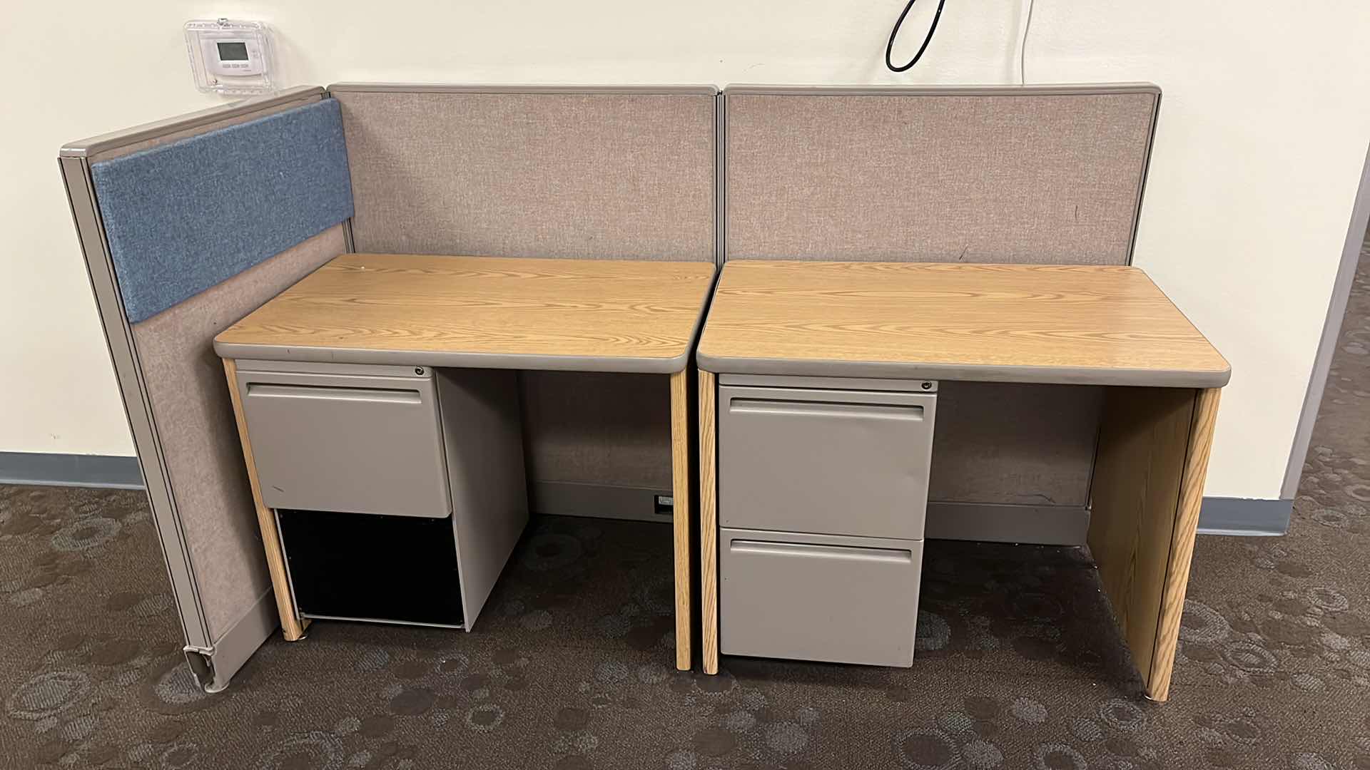 View 1 of HAWORTH BUILT IN CUBICLE OFFICE DESKS (2) W CUBICLE PANELS 
(OVERALL DIMENSIONS 77” X 32” H44.5”) READ NOTES