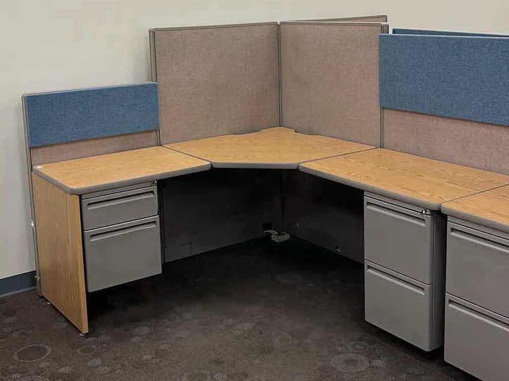Photo 1 of HAWORTH BUILT IN CUBICLE L SHAPE OFFICE DESKS (4) W CUBICLE PANELS 
(OVERALL DIMENSIONS 151” X 135” H56”) READ NOTES