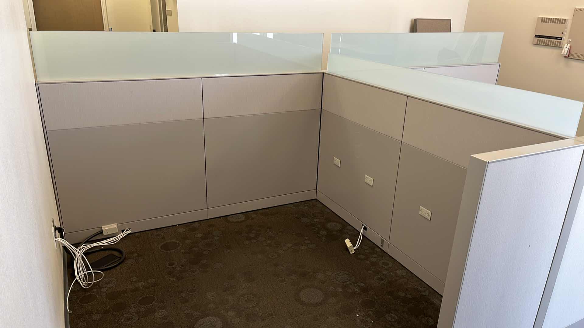 Photo 1 of FROSTED GLASS TOP CUBICLE PANELS W BUILT IN POWER SUPPLY OVERALL DIMENSIONS 172” X 90” H60.25” READ NOTES