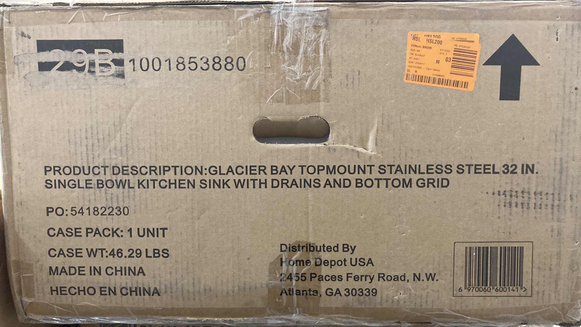 Photo 1 of GLACIER BAY 32” STAINLESS STEEL 16G TOP MOUNT SINGLE BOWL KITCHEN SINK W ACCESSORIES 1001853880 32” X 22” H10”