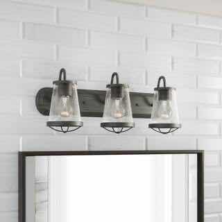 Photo 1 of HOME DECORATORS COLLECTION WEATHERED IRON FINISH & CLEAR SEEDED GLASS SHADES GEORGINA 3-LIGHT VANITY FIXTURE 1004 693 656