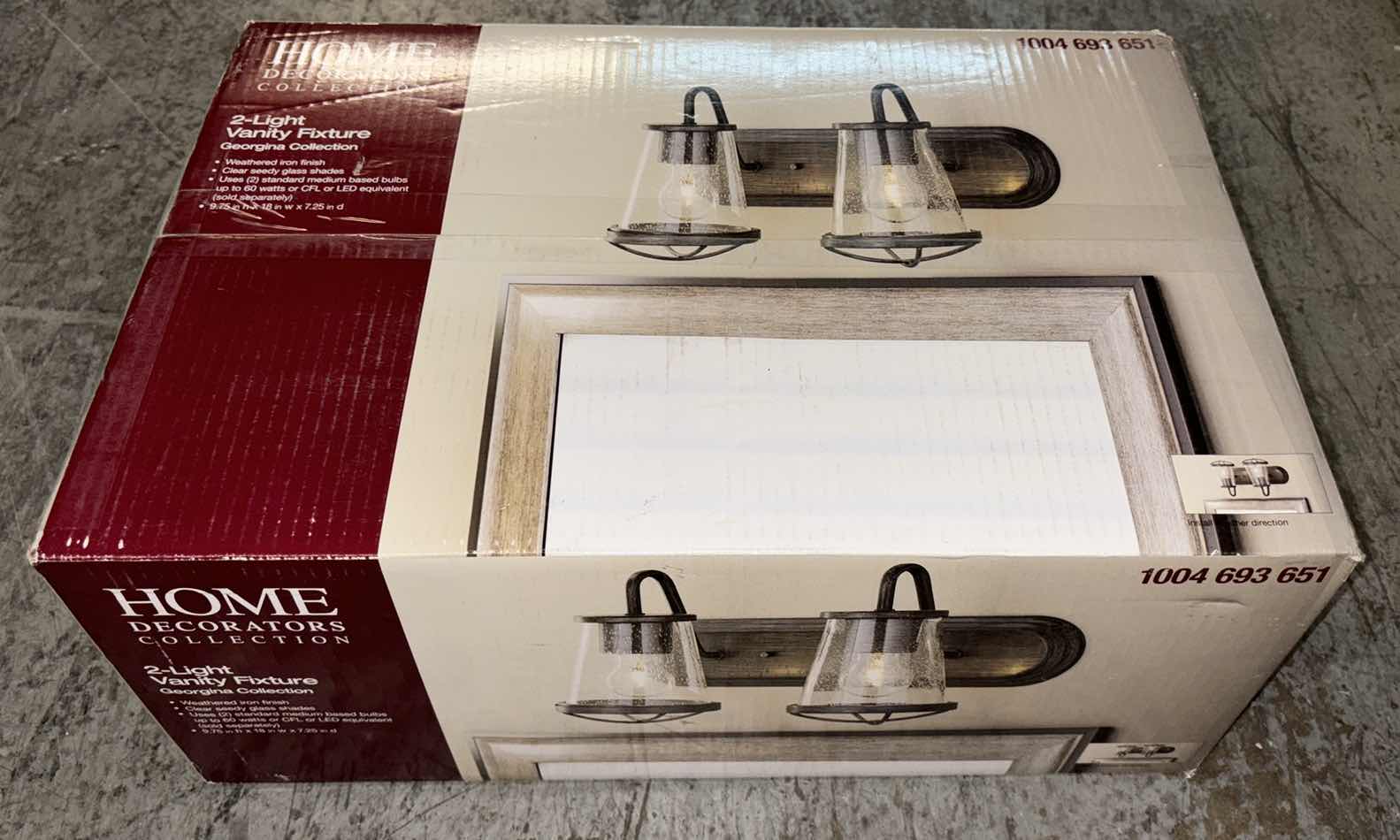 Photo 1 of HOME DECORATORS COLLECTION WEATHERED IRON FINISH & CLEAR SEEDED GLASS SHADES GEORGINA 2-LIGHT VANITY FIXTURE 1004 693 651