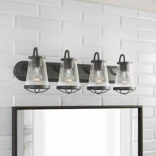 Photo 1 of HOME DECORATORS COLLECTION WEATHERED IRON FINISH & CLEAR SEEDED GLASS SHADES GEORGINA 4-LIGHT VANITY FIXTURE 1004 693 725