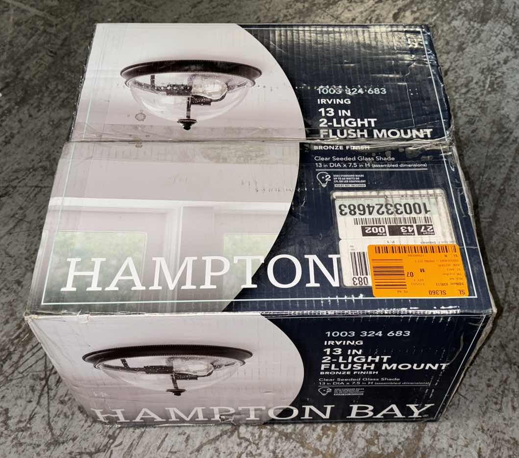 Photo 1 of HAMPTON BAY BRONZE IRVING 2-LIGHT FLUSH MOUNT CEILING LIGHT W CLEAR SEEDED GLASS SHADE 1003 324 683