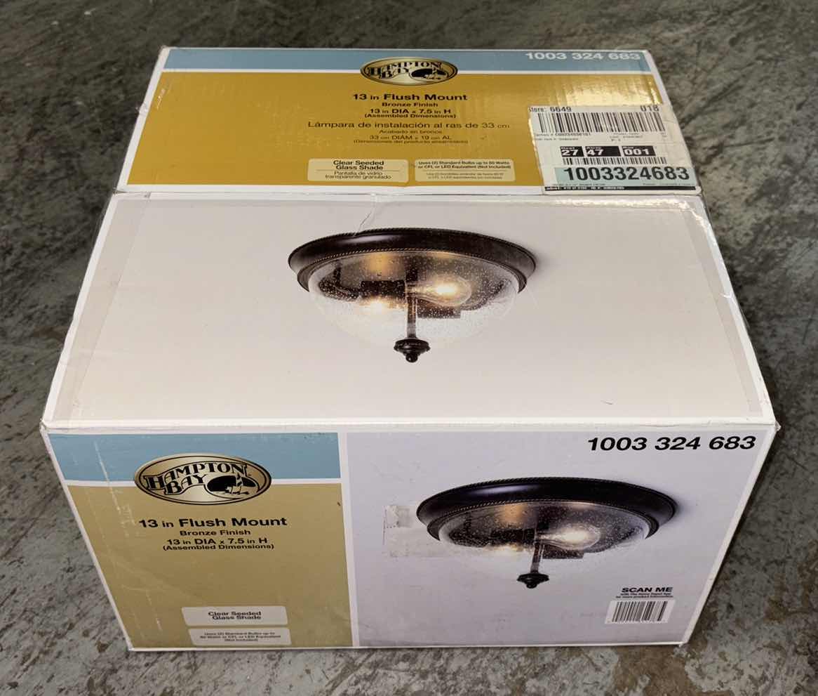 Photo 1 of HAMPTON BAY BRONZE IRVING 2-LIGHT FLUSH MOUNT CEILING LIGHT W CLEAR SEEDED GLASS SHADE 1003 324 683