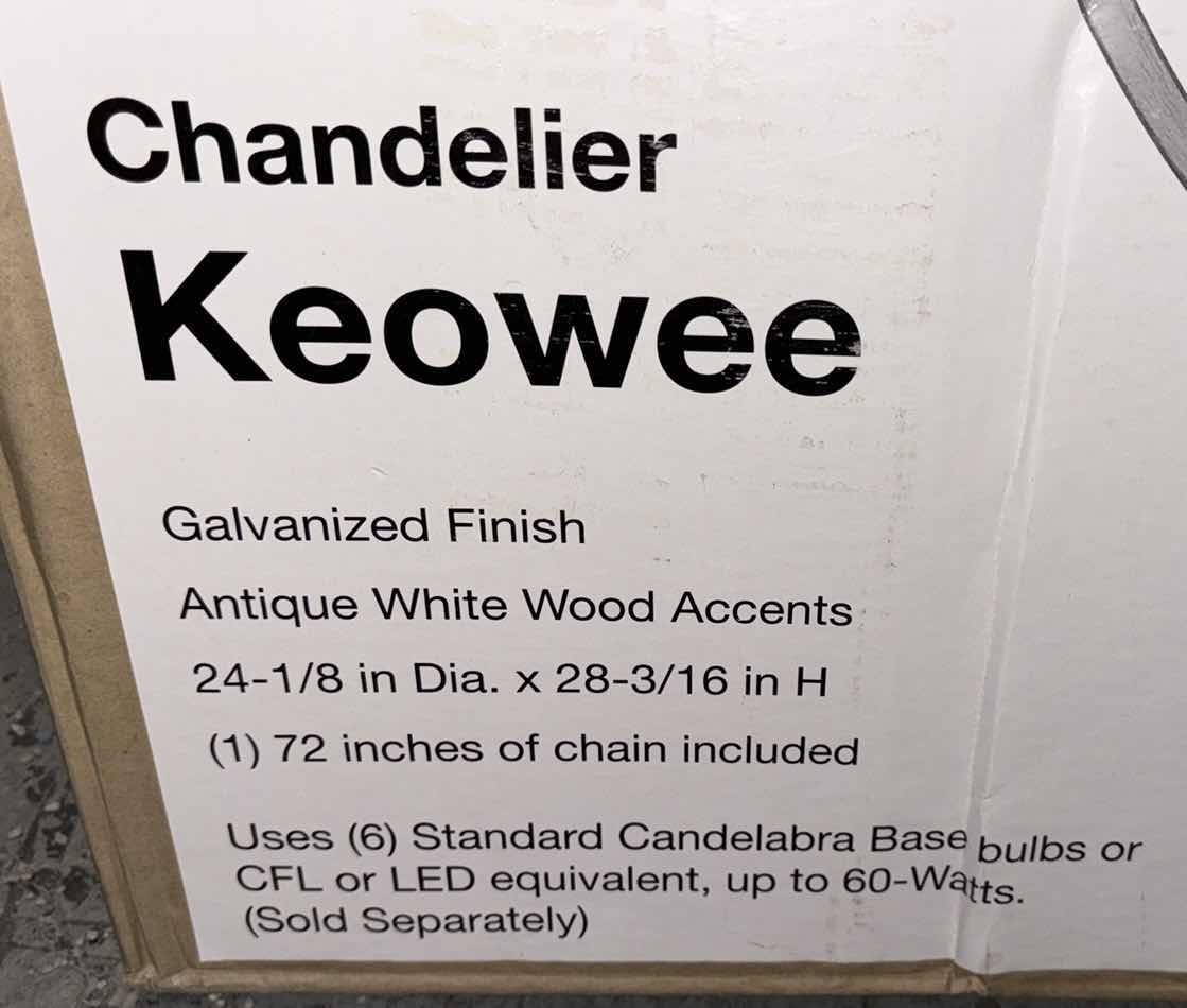 Photo 1 of HOME DECORATORS COLLECTION GALVANIZED FINISH & ANTIQUE WHITE WOOD ACCENTS KEOWEE 6-LIGHT CHANDELIER 1005 910 695