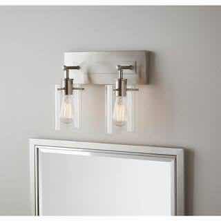 Photo 1 of HAMPTON BAY REGAN 12.75” BRUSHED NICKEL CLEAR GLASS SHADE 2 LIGHT VANITY FIXTURE LIGHT 802513190762