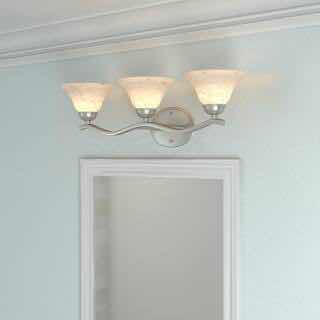 Photo 1 of HAMPTON BAY ANDENNE BRUSHED NICKEL 26.3” TRANSITIONAL MARBLEIZED GLASS SHADE 3 LIGHT VANITY FIXTURE LIGHT