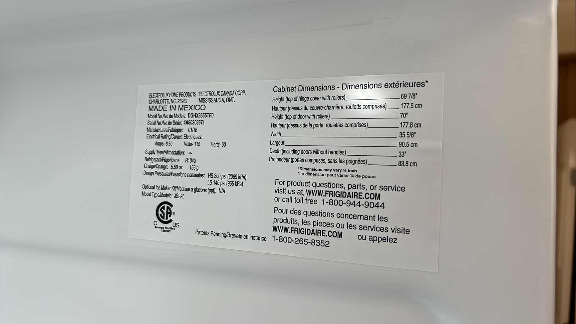 Photo 1 of FRIGIDAIRE GALLERY SIDE BY SIDE REFRIGERATOR FREEZER 
36” x 32” x 6’