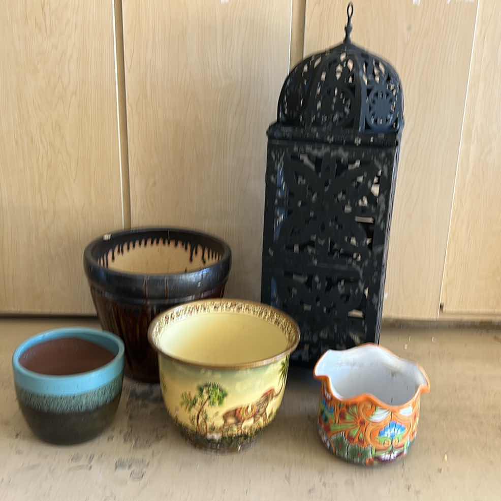 Photo 1 of FOUR OUTDOOR DECOR - CERAMIC POTTERY AND LANTERN 11“ x 11“ x 34”