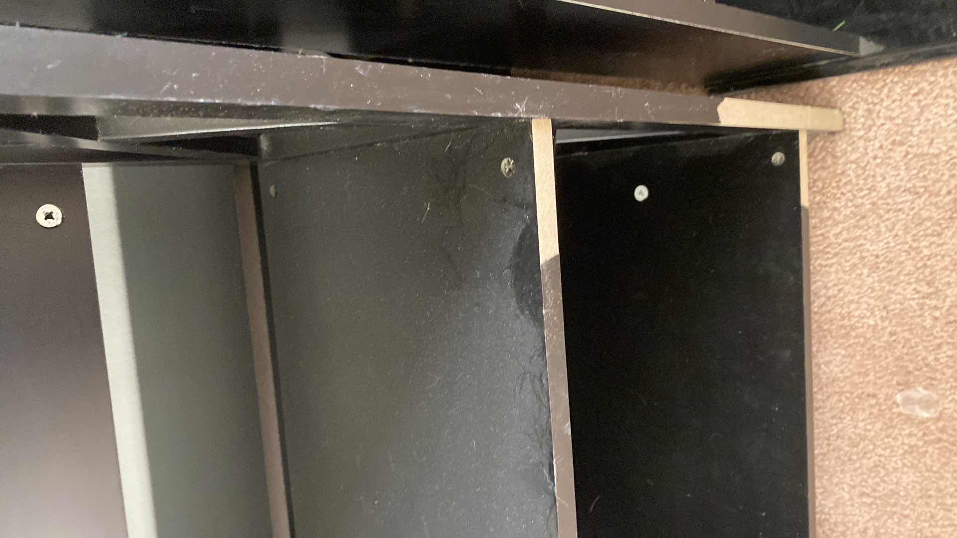 Photo 1 of PAIR OF BLACK PARTICLE BOARD BOOK SHELVES 32“ x 11“ H 59”
