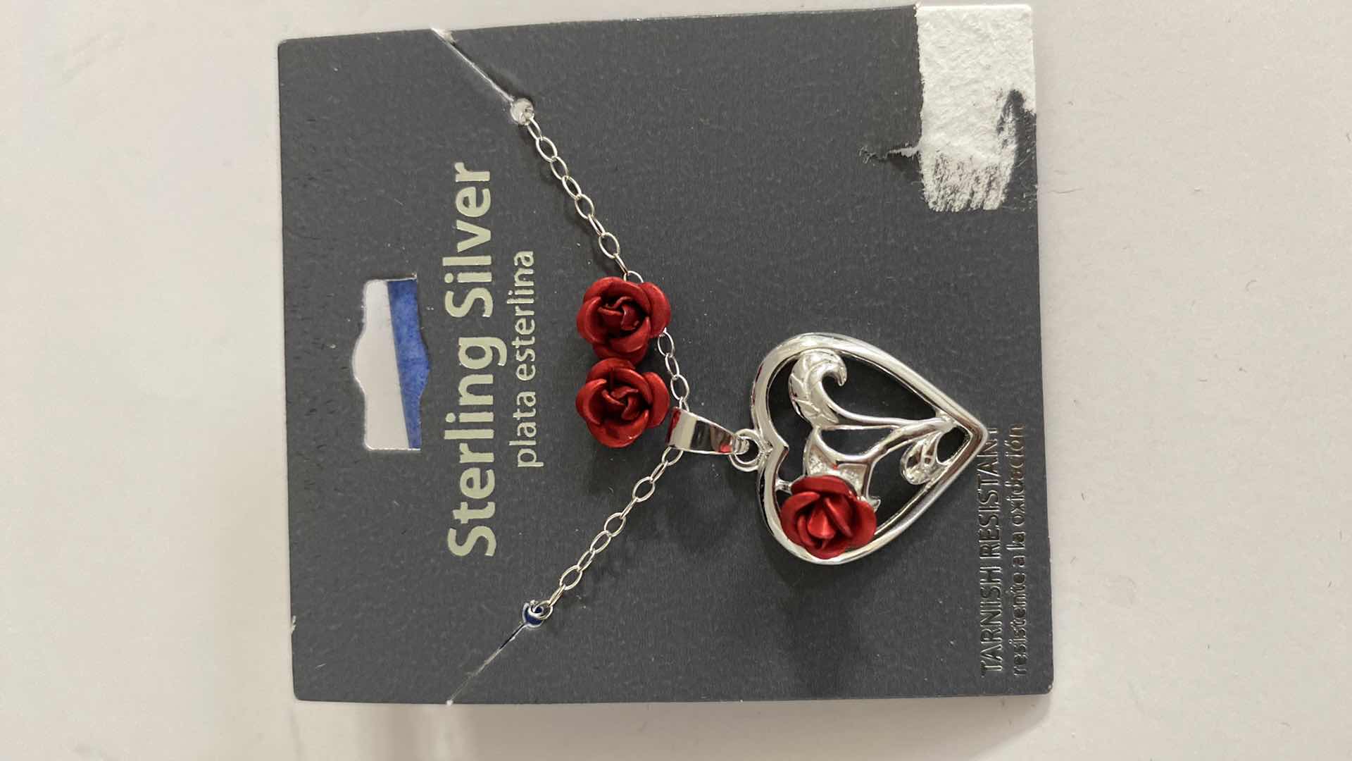Photo 1 of 3 - S 925 SILVER NECKLACE, RING NO MARK, AND RED ROSE EARRINGS