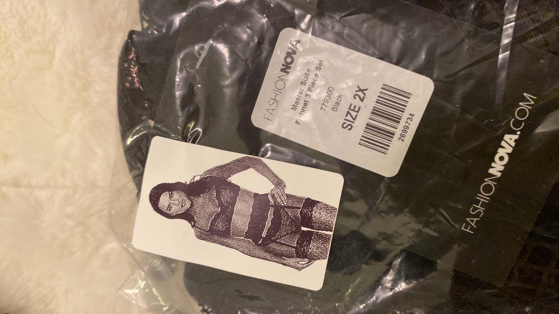 View 5 of 3 SETS OF WOMENS SIZE 2XL 3 PIECE SET BRA PANTY AND GARTER BELT MASTERPIECE FISHNET BY FASHION NOVA