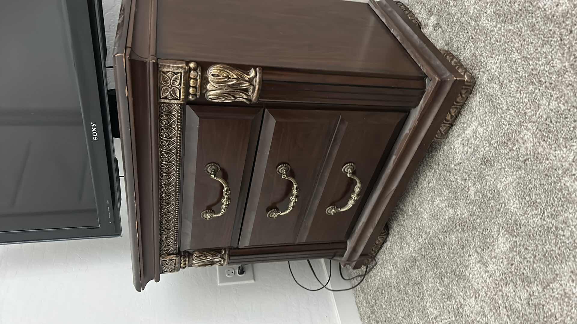 Photo 1 of ORNATE 3 DRAWER WOOD NIGHTSTAND 28” x 16” x 28”