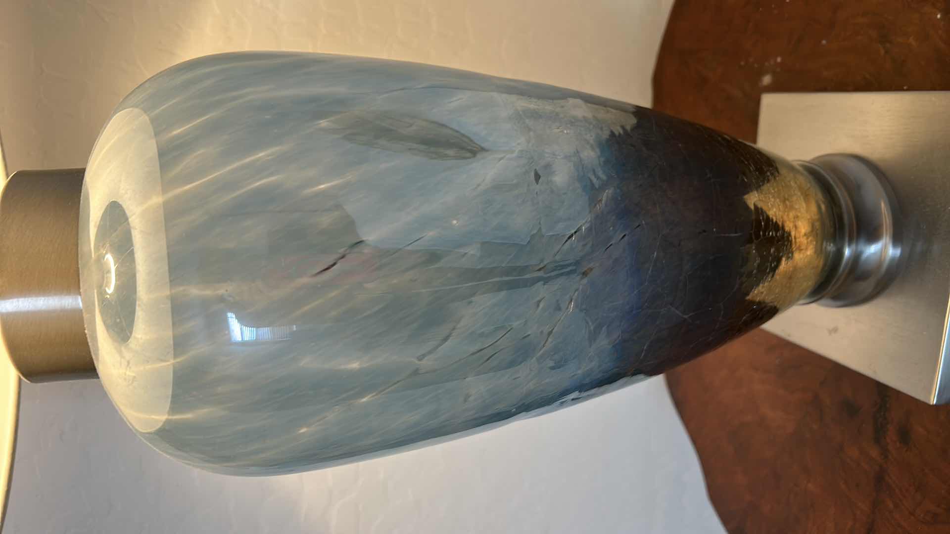 Photo 1 of BLUE GLASS TABLE LAMP WITH LINEN SHADE H35”