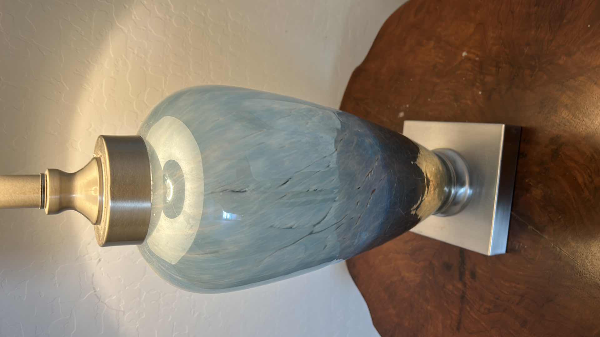 Photo 1 of BLUE GLASS TABLE LAMP WITH LINEN SHADE H35”