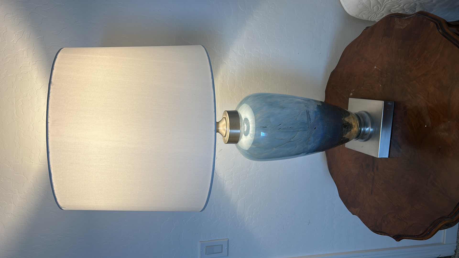 Photo 1 of BLUE GLASS TABLE LAMP WITH LINEN SHADE H35”