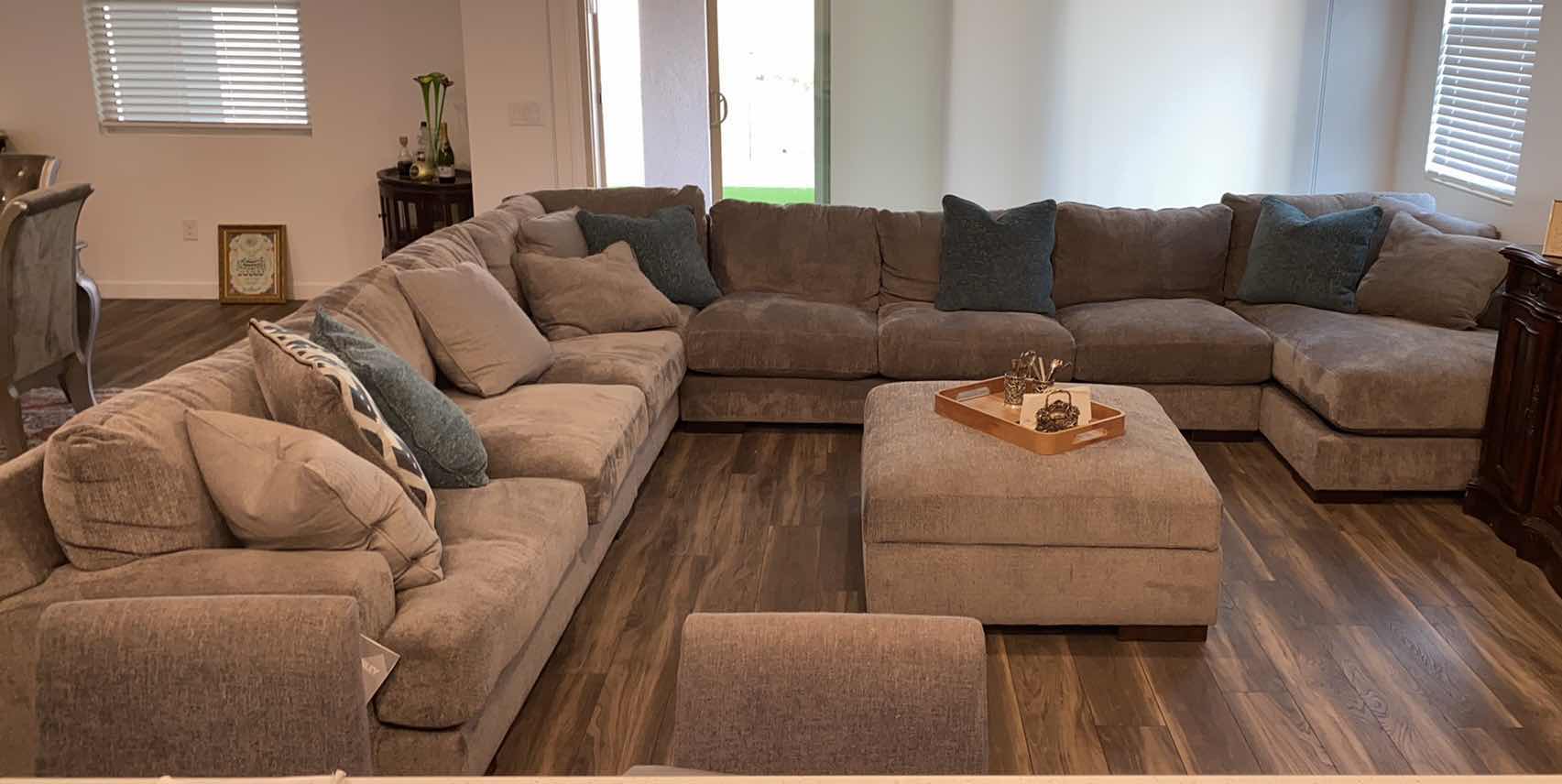 Photo 1 of 11’ 7” X 14” 3” ( CHAISE IS 64”) ASHLEY SILVER FABRIQUE SECTIONAL WITH CHAISE AND OTTOMAN