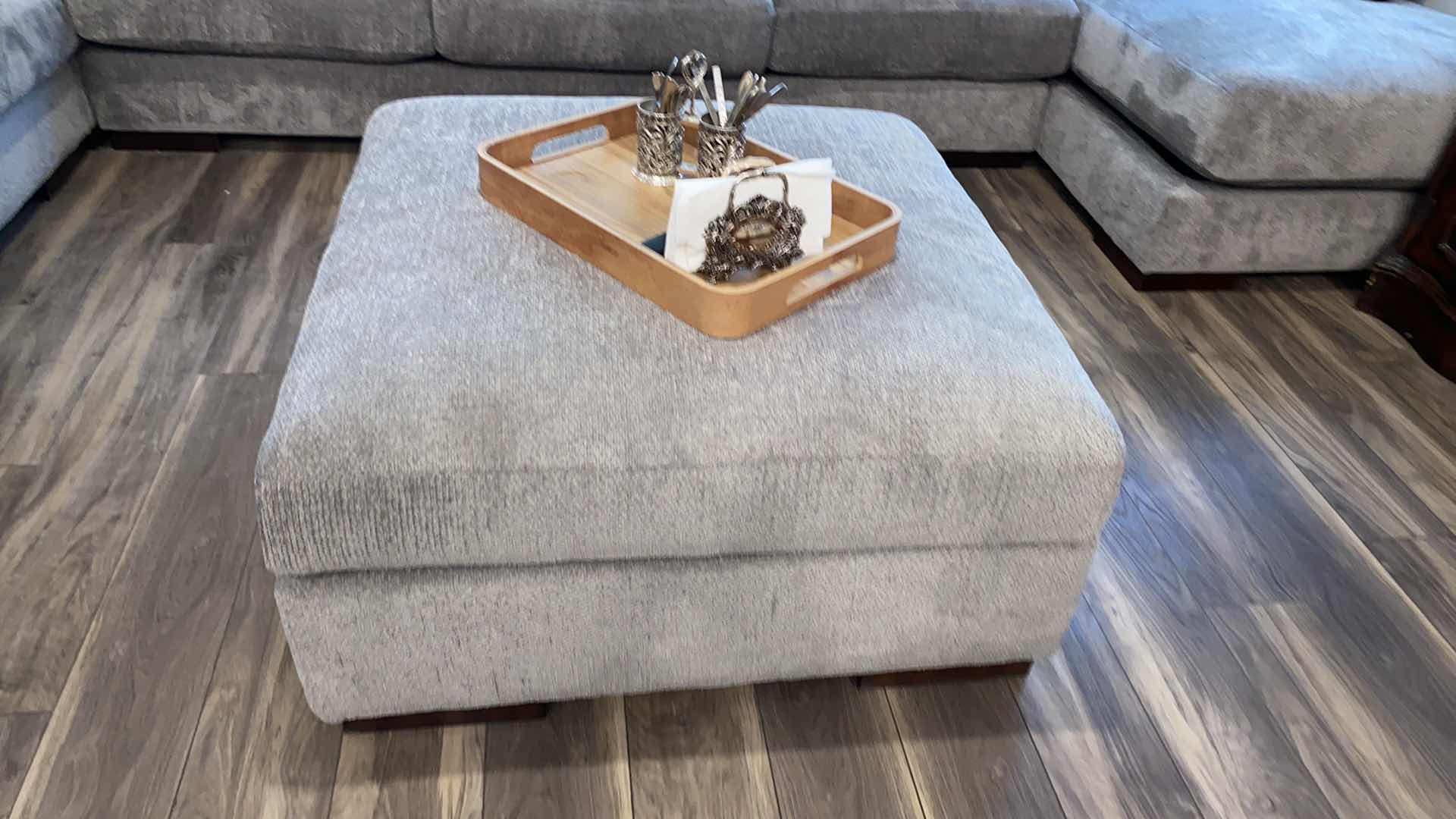 Photo 1 of 11’ 7” X 14” 3” ( CHAISE IS 64”) ASHLEY SILVER FABRIQUE SECTIONAL WITH CHAISE AND OTTOMAN