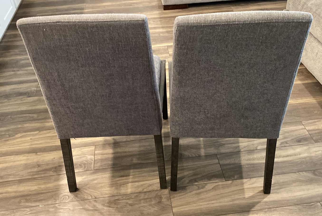 Photo 1 of PAIR OF DARK WOOD WITH GRAY FABRIC DINING CHAIRS