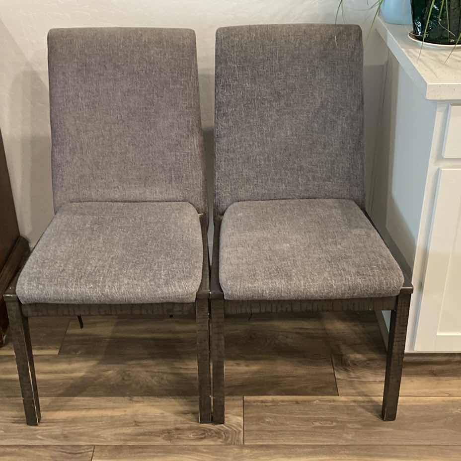 Photo 1 of PAIR OF DARK WOOD WITH GRAY FABRIC DINING CHAIRS