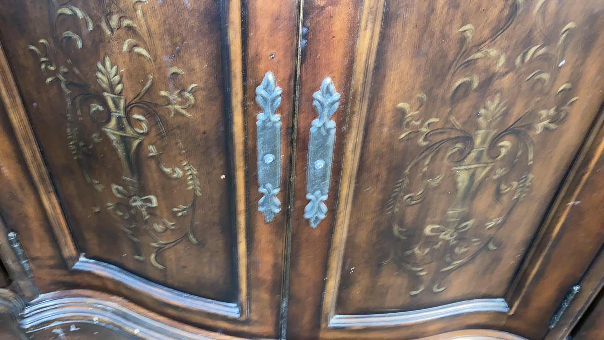 Photo 1 of HOOKER SIDEBOARD WITH INLAY AND DOVETAIL CONSTRUCTION 66“ x 22“ H 38” - decor and contents not included.  Door handles missing for 2 center doors.