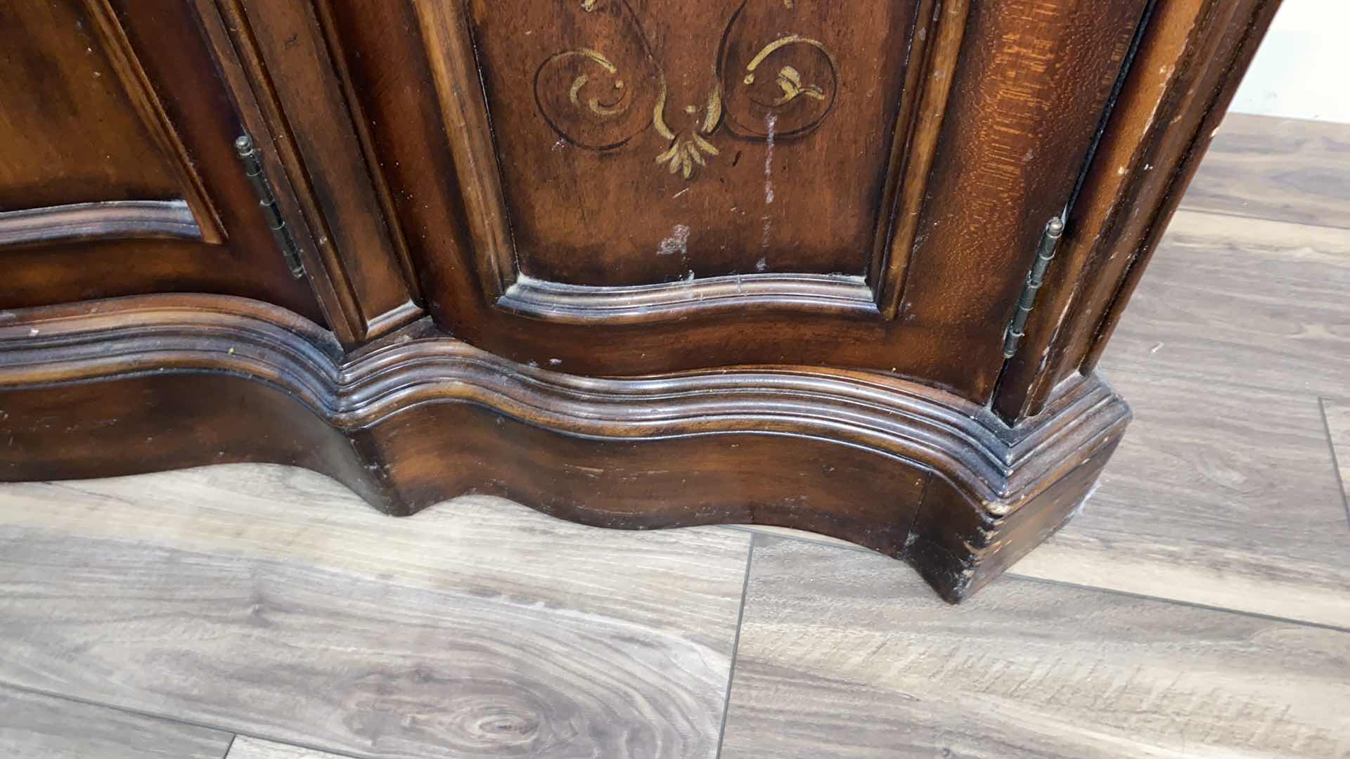 Photo 1 of HOOKER SIDEBOARD WITH INLAY AND DOVETAIL CONSTRUCTION 66“ x 22“ H 38” - decor and contents not included.  Door handles missing for 2 center doors.