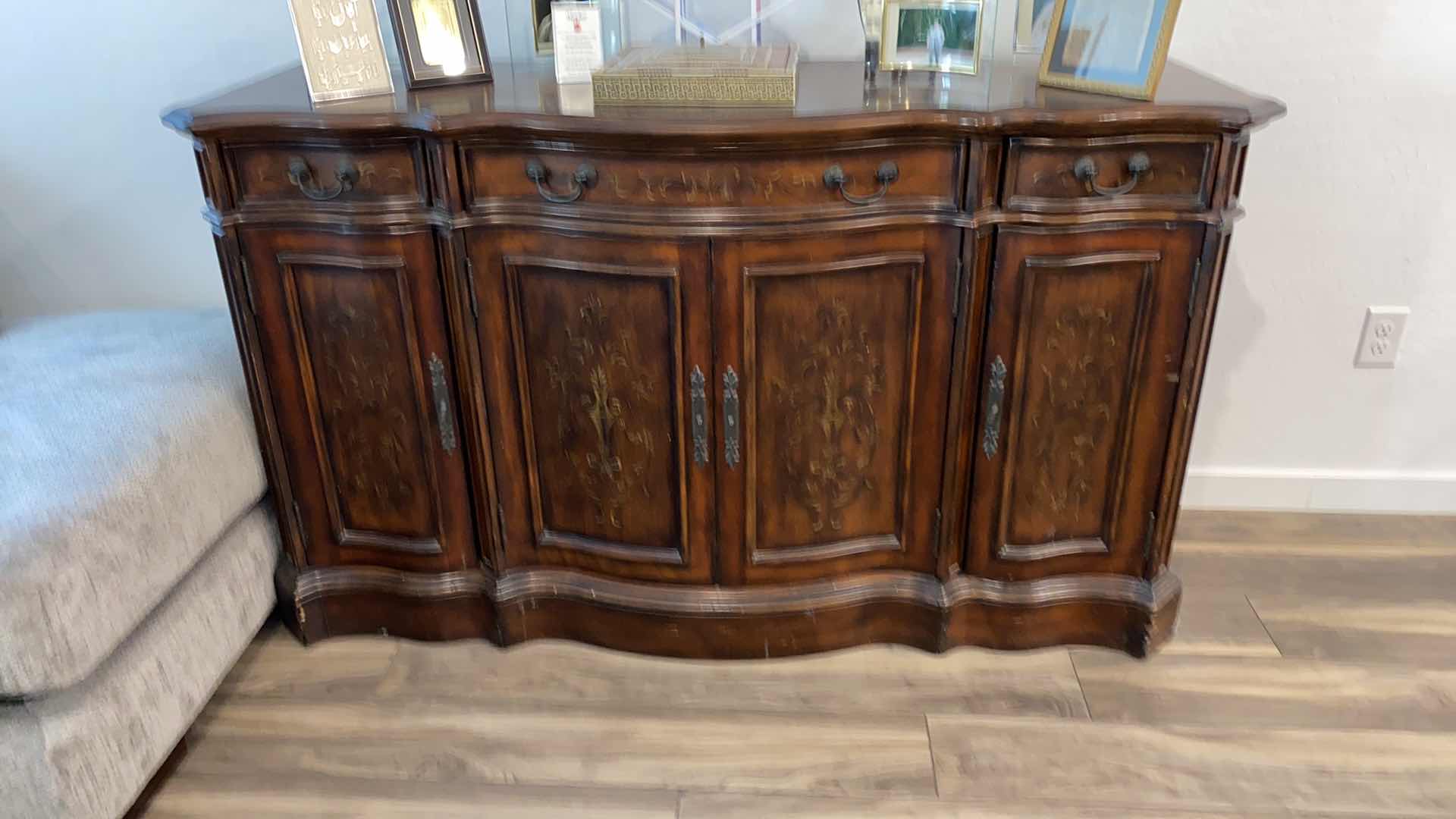 Photo 1 of HOOKER SIDEBOARD WITH INLAY AND DOVETAIL CONSTRUCTION 66“ x 22“ H 38” - decor and contents not included.  Door handles missing for 2 center doors.