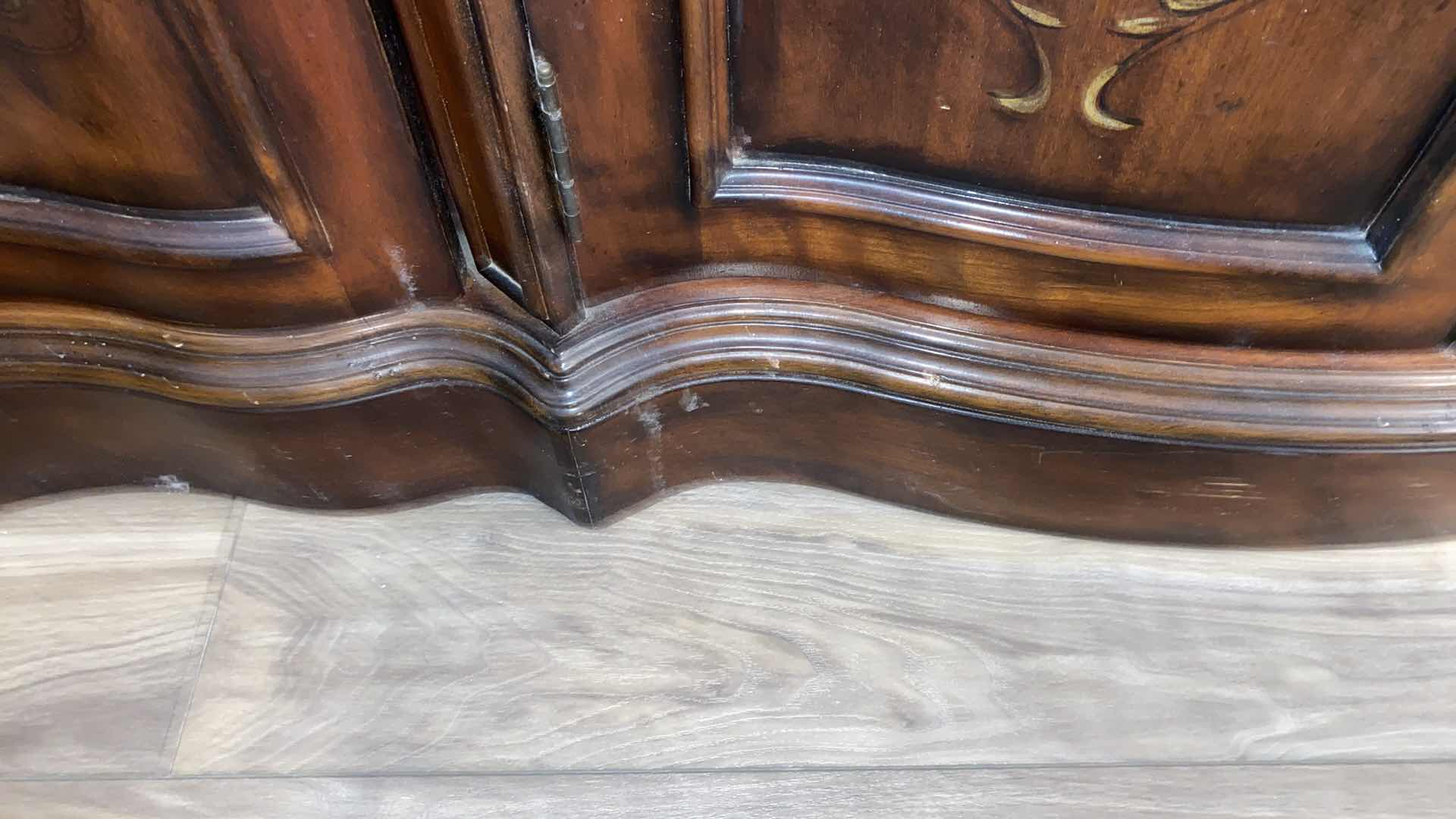 Photo 1 of HOOKER SIDEBOARD WITH INLAY AND DOVETAIL CONSTRUCTION 66“ x 22“ H 38” - decor and contents not included.  Door handles missing for 2 center doors.