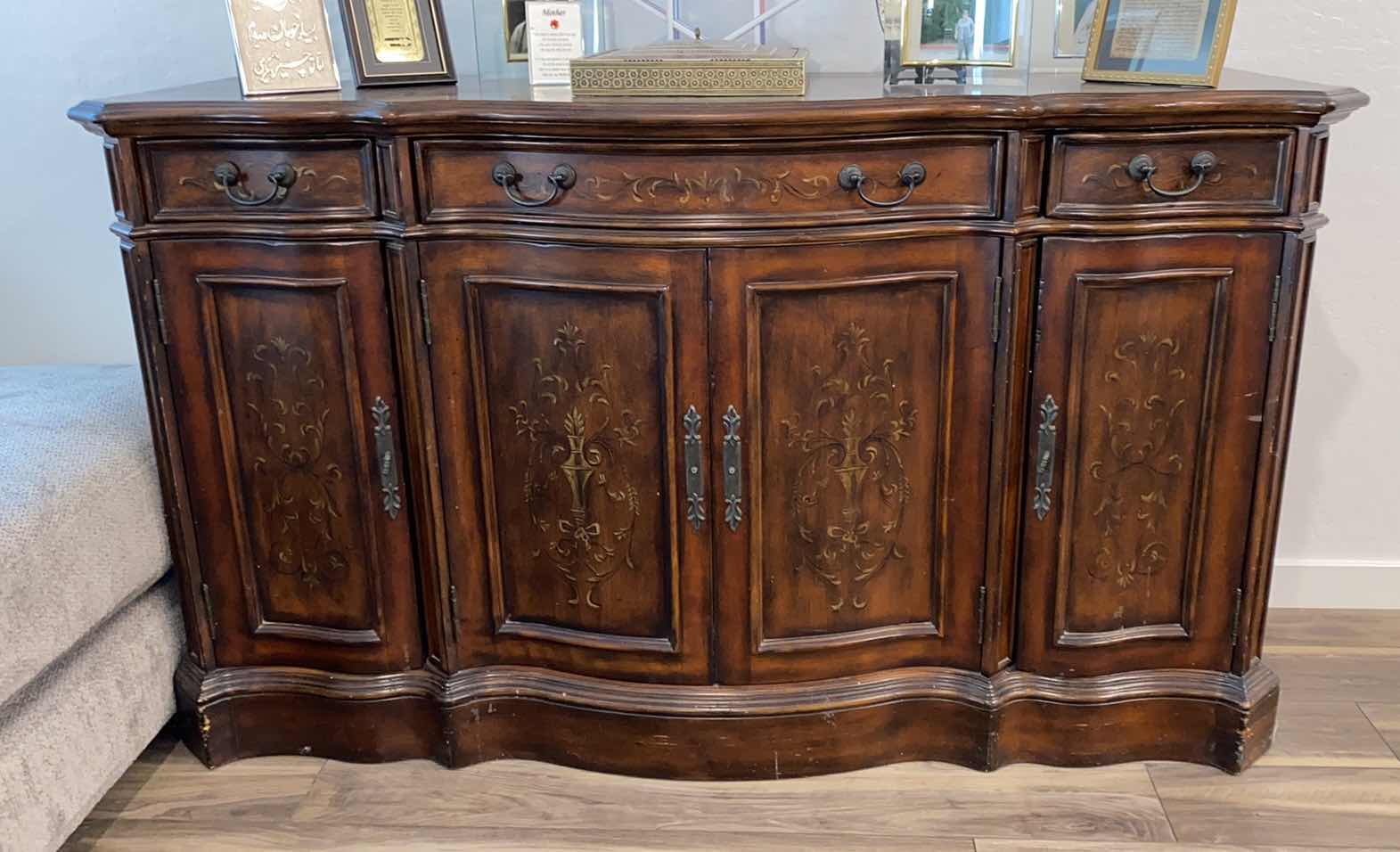Photo 1 of HOOKER SIDEBOARD WITH INLAY AND DOVETAIL CONSTRUCTION 66“ x 22“ H 38” - decor and contents not included.  Door handles missing for 2 center doors.