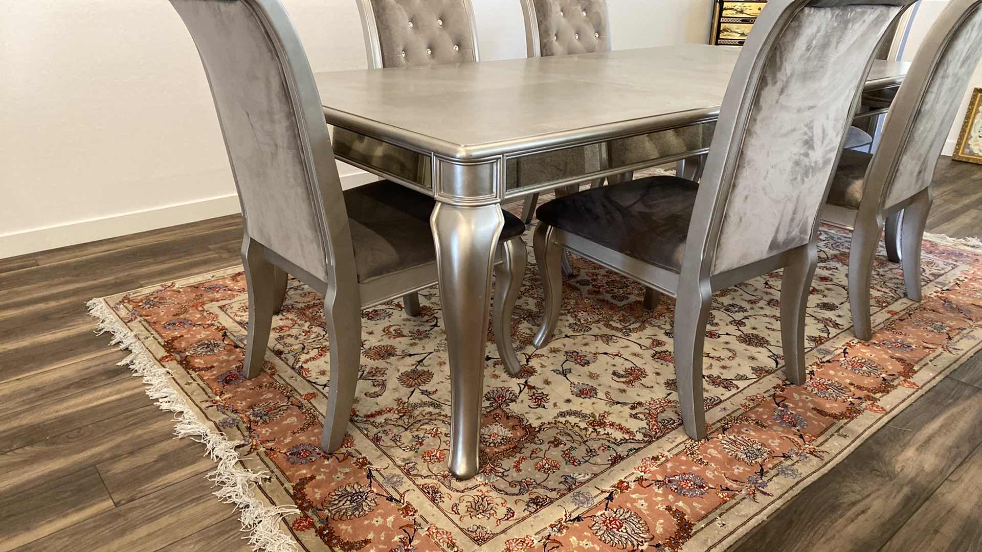 Photo 1 of ASHLEY FURNITURE HOLLYWOOD GLAMOUR WOOD TABLE SILVER FINISH, ANTIQUE GLASS ON SIDE EDGE 70” x 45” without leaf, LEAF 18” ( CHAIRS SOLD SEPARATELY 6 AVAILABLE)