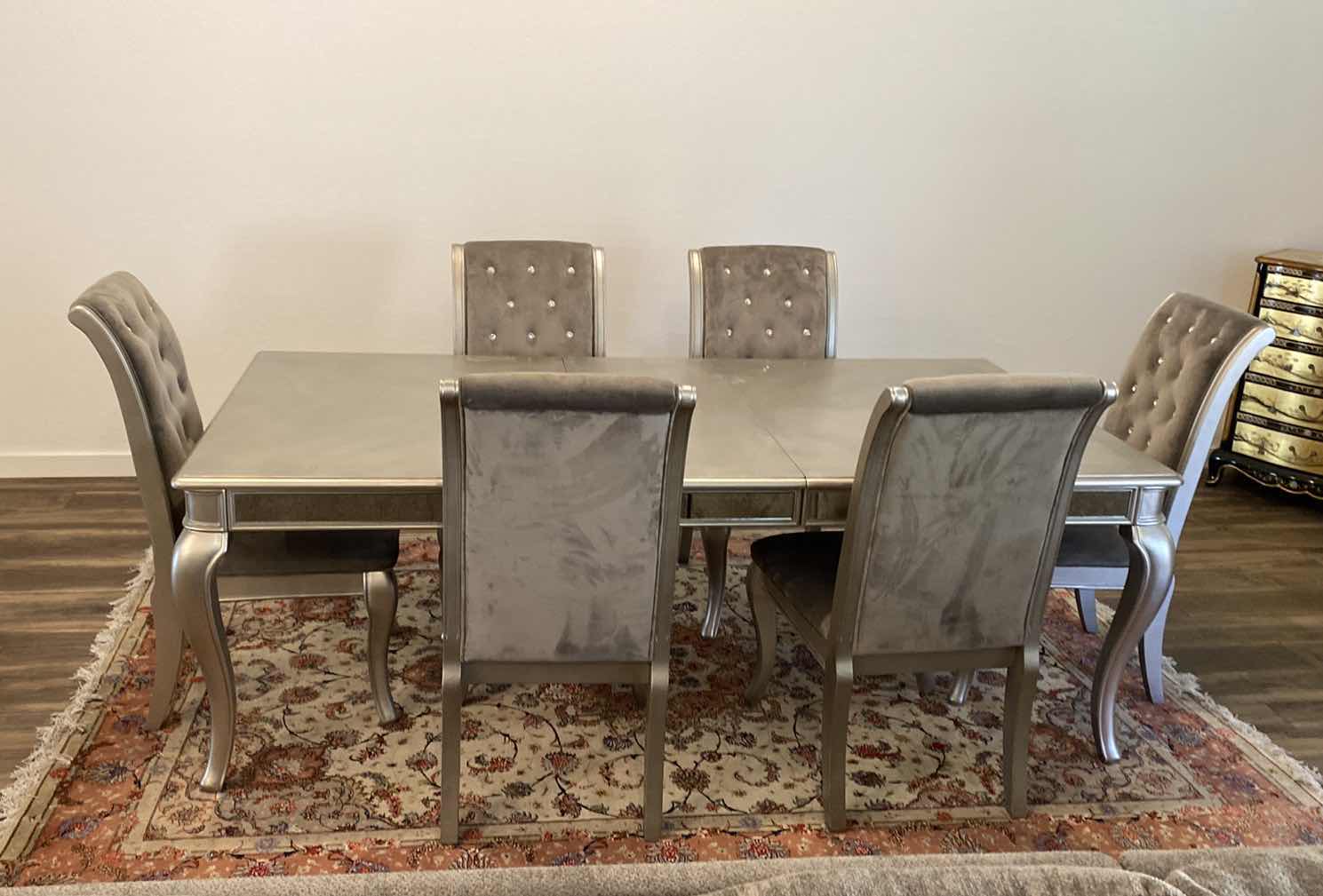 Photo 1 of ASHLEY FURNITURE HOLLYWOOD GLAMOUR WOOD TABLE SILVER FINISH, ANTIQUE GLASS ON SIDE EDGE 70” x 45” without leaf, LEAF 18” ( CHAIRS SOLD SEPARATELY 6 AVAILABLE)