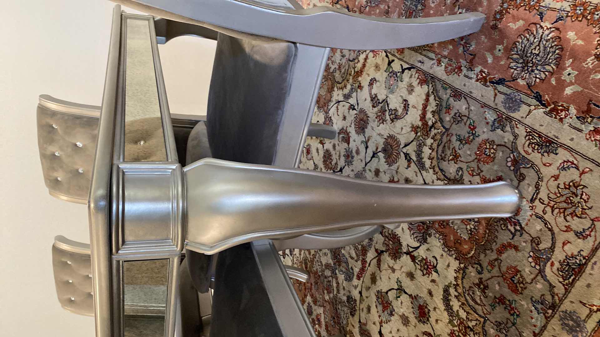 Photo 1 of ASHLEY FURNITURE HOLLYWOOD GLAMOUR WOOD TABLE SILVER FINISH, ANTIQUE GLASS ON SIDE EDGE 70” x 45” without leaf, LEAF 18” ( CHAIRS SOLD SEPARATELY 6 AVAILABLE)