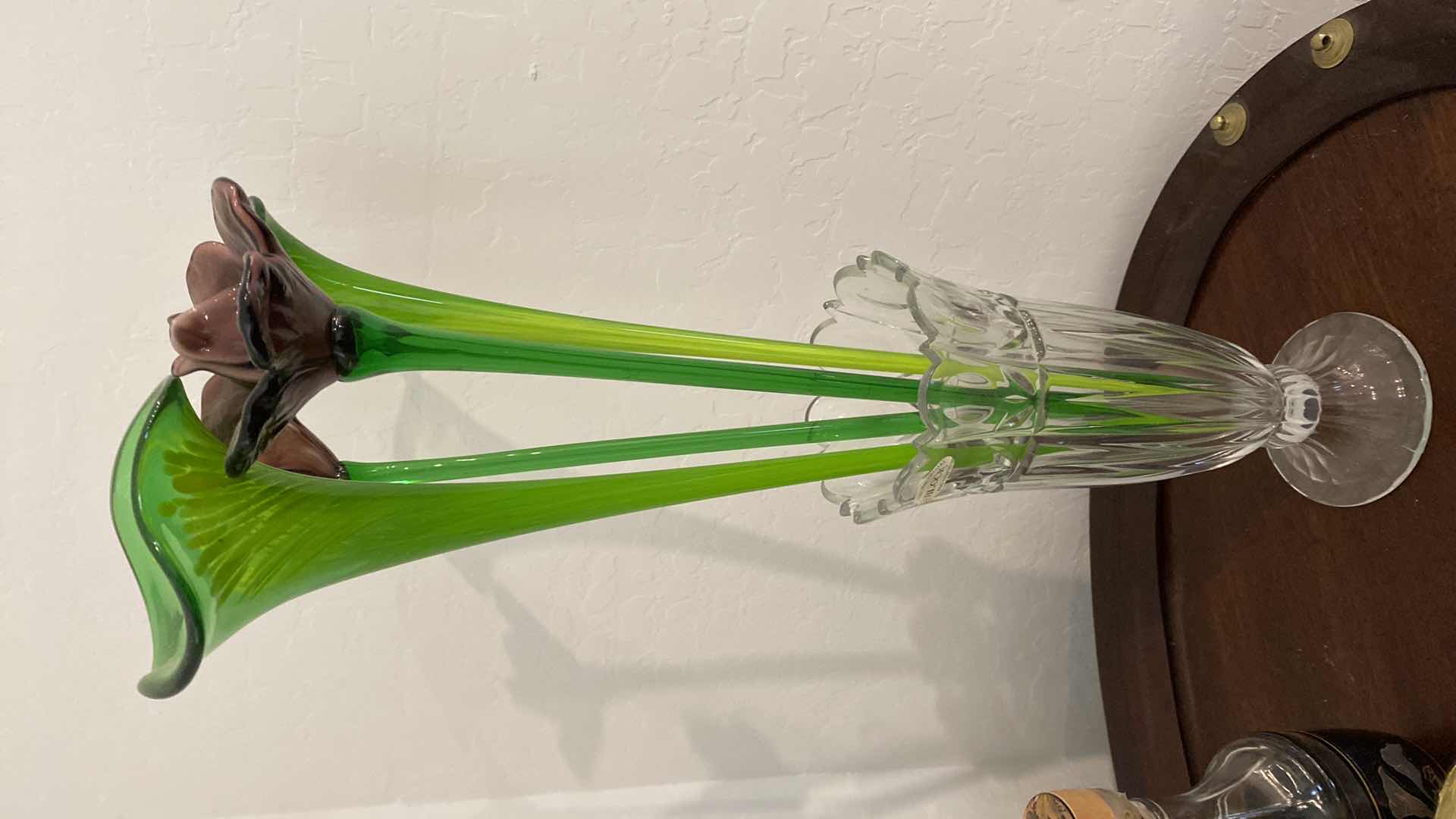 Photo 1 of BLOCK LEAD CRYSTAL VASE H 11” WITH GLASS FLOWERS H 18”