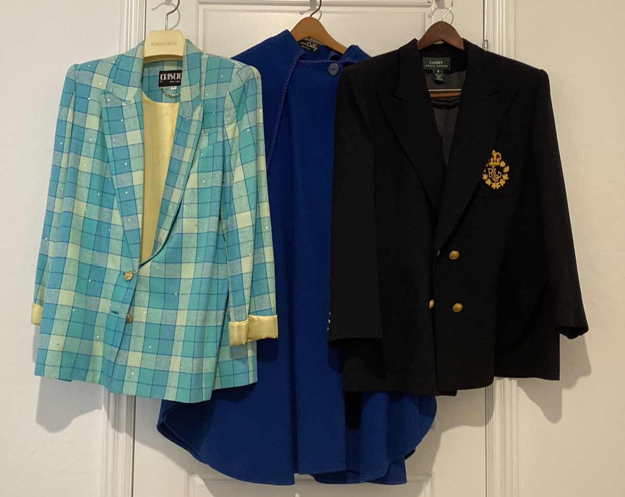 Photo 1 of 3 WOMENS SIZE LARGE, 16 AND XL JACKETS AND BLUE WOOL CAPE WITH HOOD