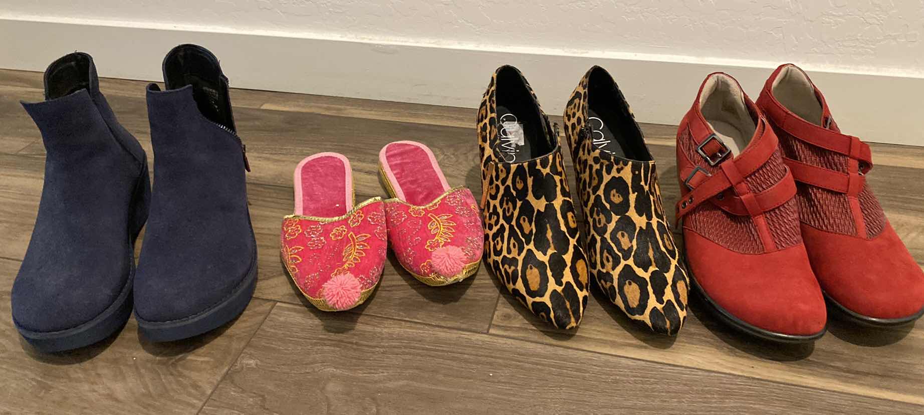 Photo 1 of 5 PAIRS WOMENS SHOES SIZE 10 BLACK BOOTS AND SLIPPERS, SIZE 11 ANIMAL PRINT AND RED SHOES