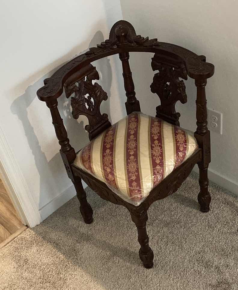 Photo 1 of NEW WOOD AND UPHOLSTERY CORNER CHAIR 21” x 21” H 35”