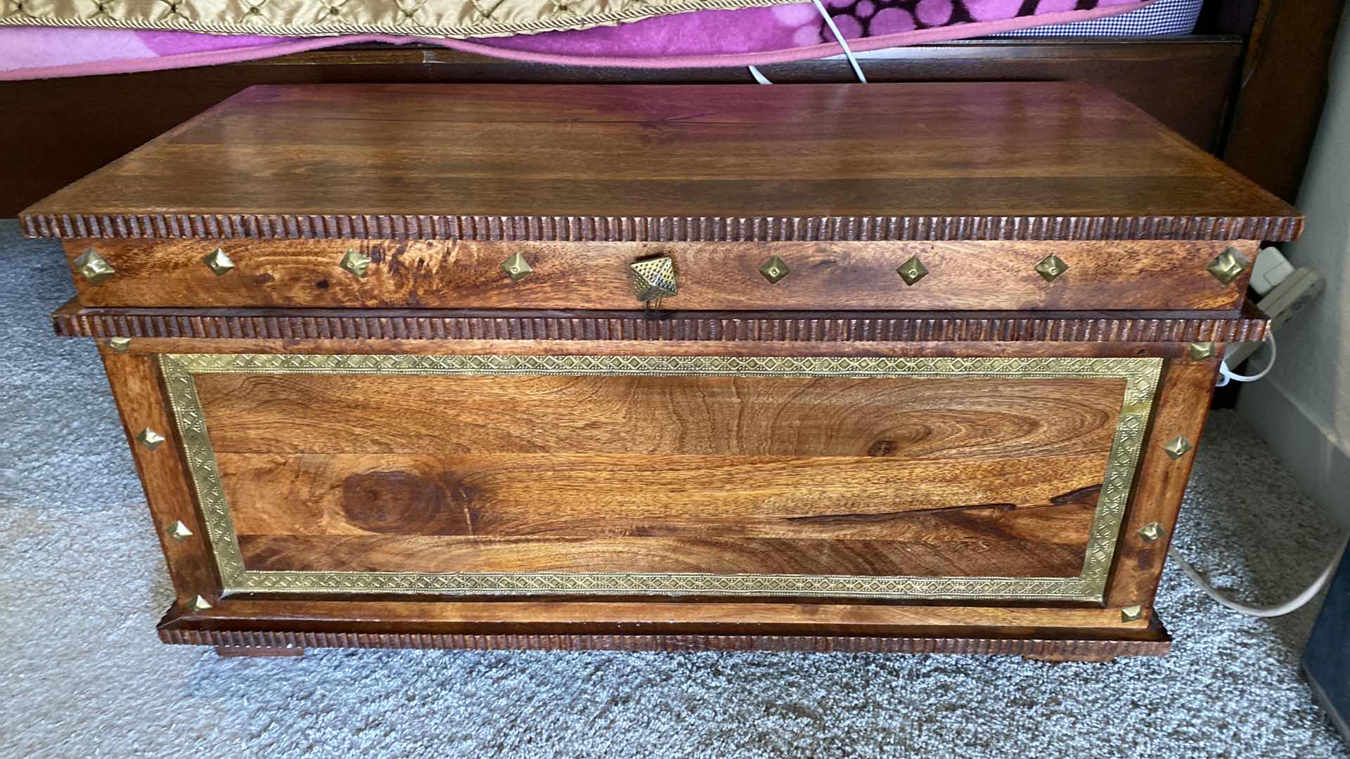View 1 of WOOD CHEST FROM INDIA 35 1/2“ x 16“ H 17 1/2” - CONTENTS NOT INCLUDED
