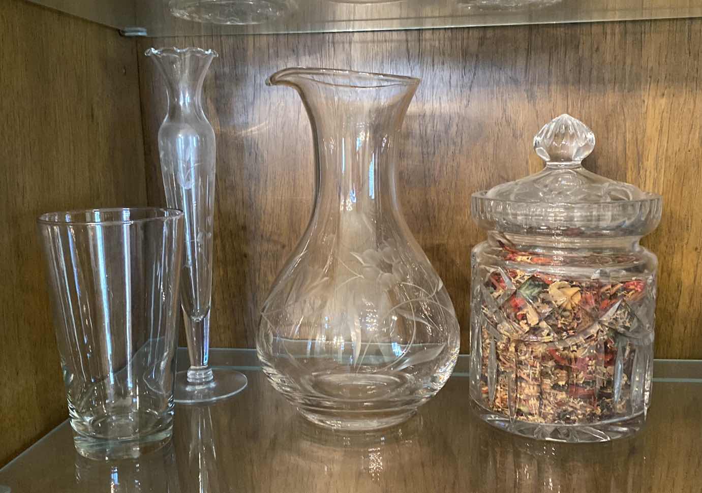 Photo 1 of ETCHED GLASS PITCHER VASE AND MORE 4 PIECES