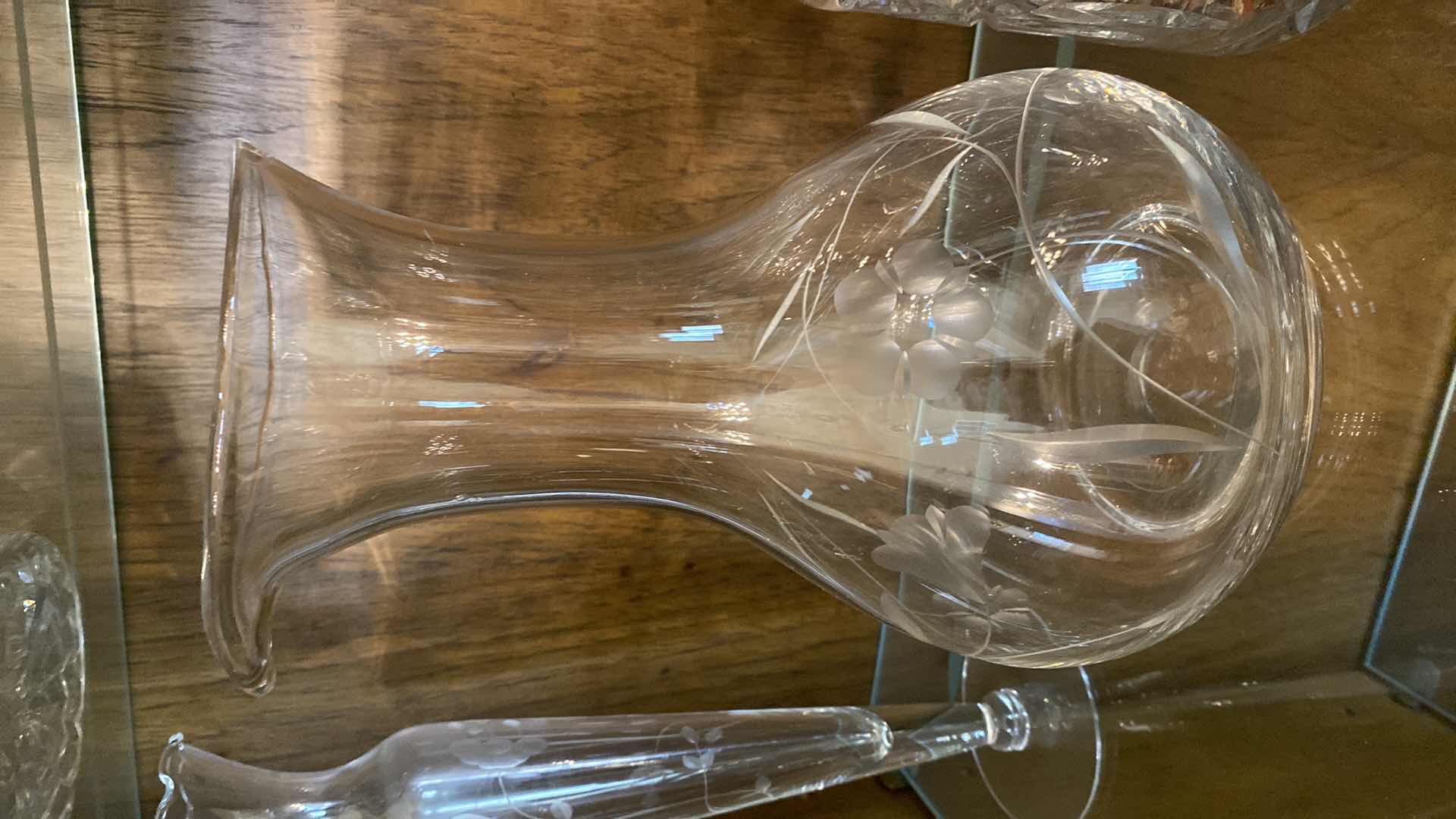 Photo 1 of ETCHED GLASS PITCHER VASE AND MORE 4 PIECES