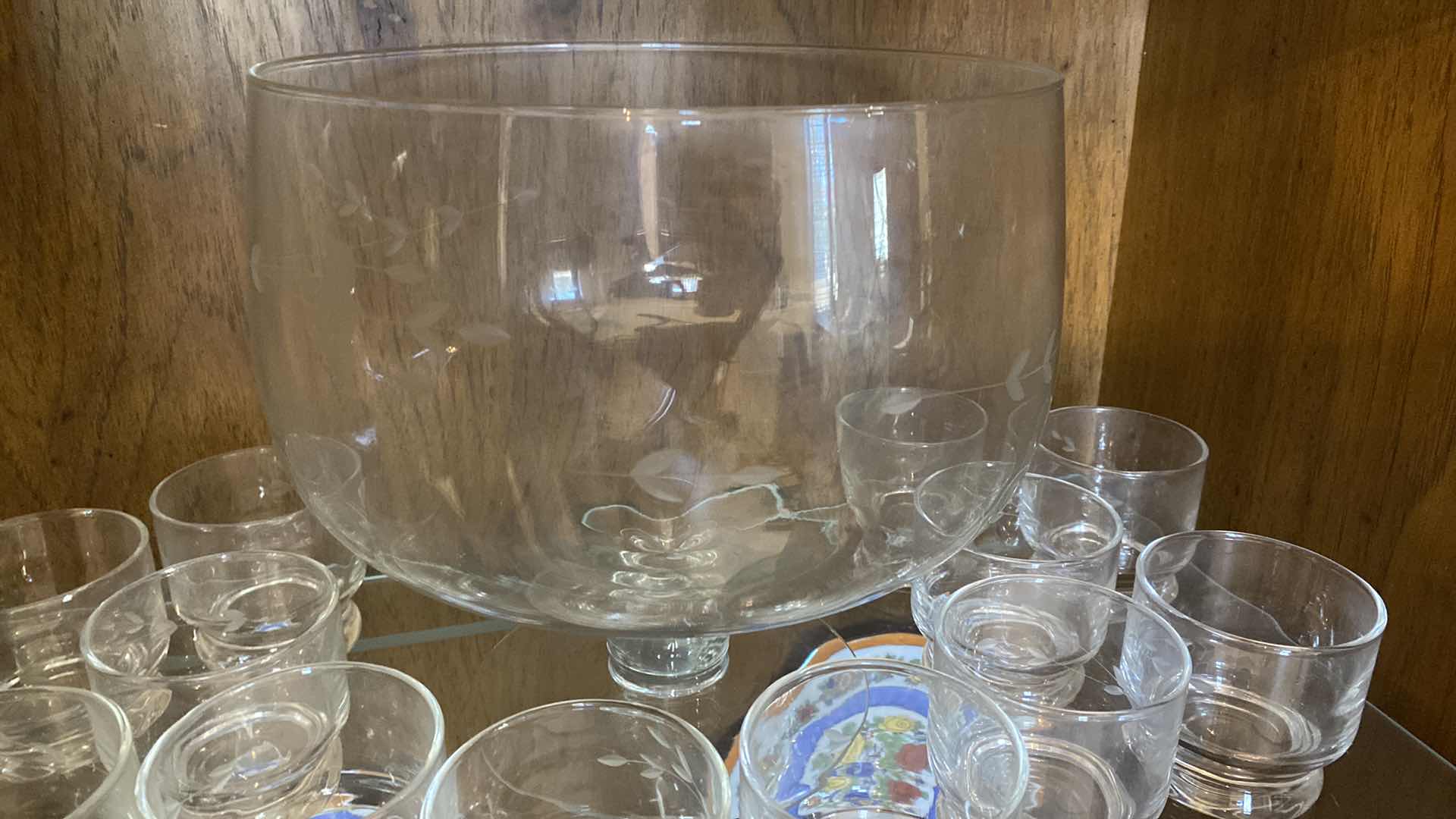 Photo 1 of ETCHED GLASS PUNCH BOWL WITH 12 GLASSES