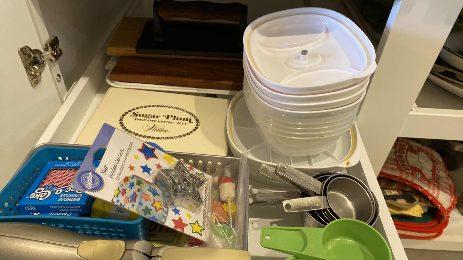 Photo 1 of CONTENTS OF CABINET BUTLERS PANTRY POTS PANS, PLASTIC SERVEWARE AND MORE